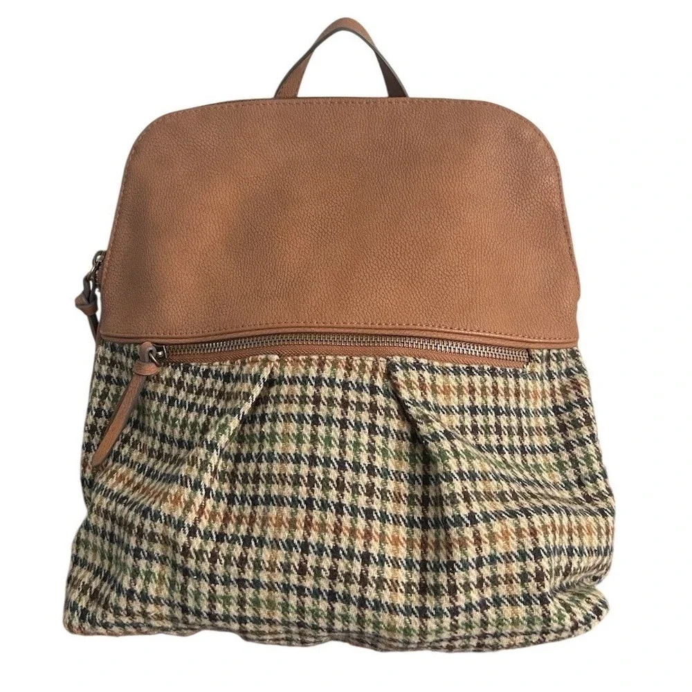 Sonoma Goods For Life Brown Faux Leather Houndstooth Plaid Backpack Purse School